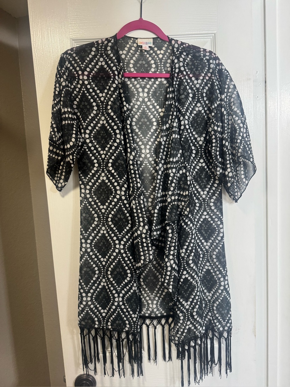 Lularoe sheer black & white Monroe with black fringe. GUC. 100% polyester